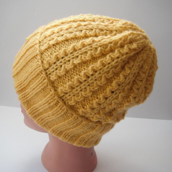 Hand Knitted Hat Toque Adult Size-M-L Acrylic Color Yellow - 030 Hand knit by me - Picture 4 of 8